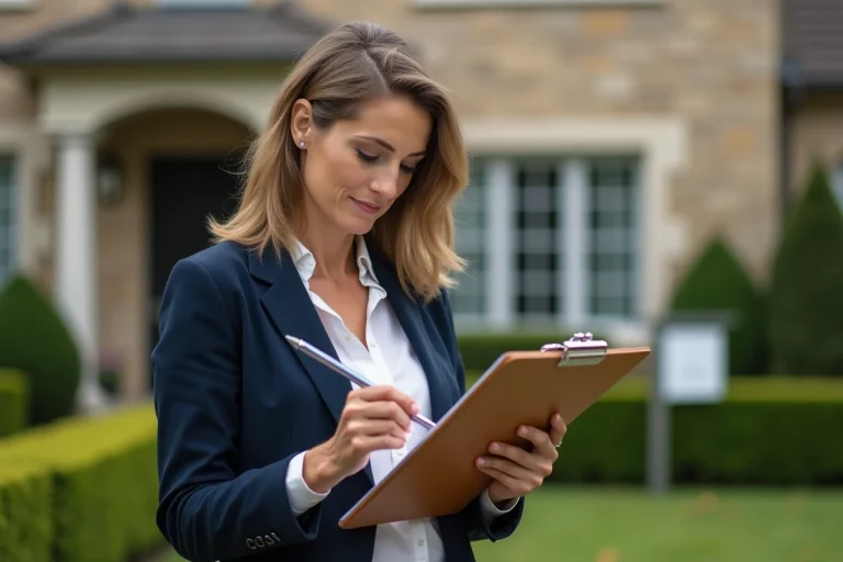 Agent immobilière évaluant une maison individuelle avec clipboard pour estimation immobilière