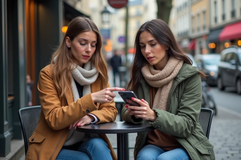 Deux amies dans un café examinant ensemble un message Messenger pour comprendre les signes d'une mise en sourdine