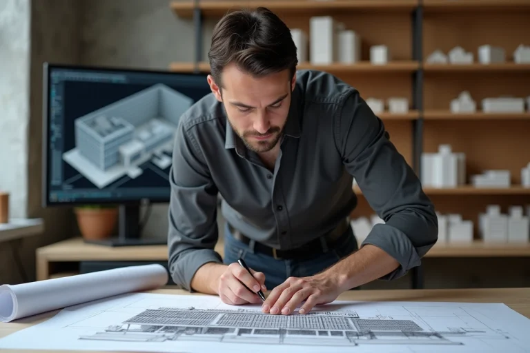 Architecte masculin examinant des plans et rendus 3D d'un projet de bâtiment moderne dans un studio de conception contemporain