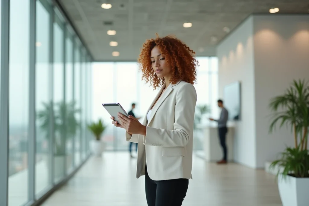 Architecte féminine tenant une tablette avec un modèle 3D d'architecture résidentielle moderne dans un bureau de design contemporain