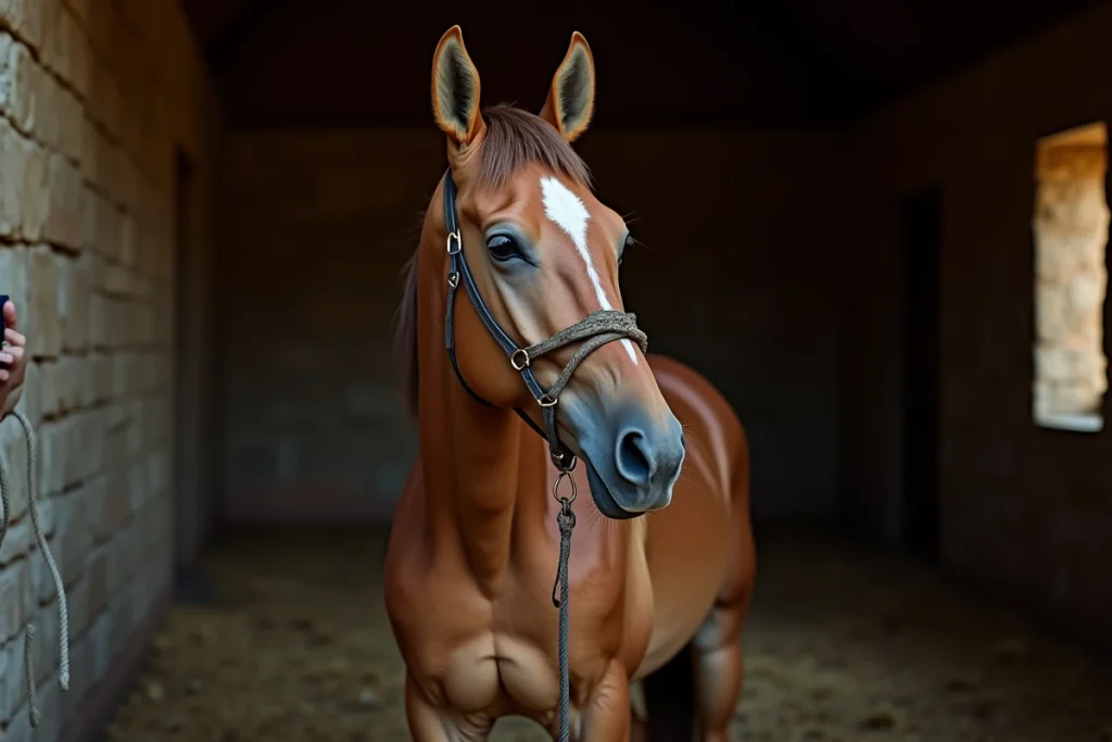 Cheval Akhal-Teke au physique atypique dans une écurie en pierre avec de la paille au sol
