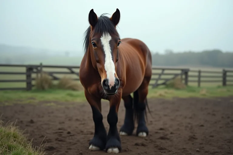 Cheval aux traits peu conventionnels dans un paddock boueux en campagne anglaise, regardant l'objectif avec curiosité