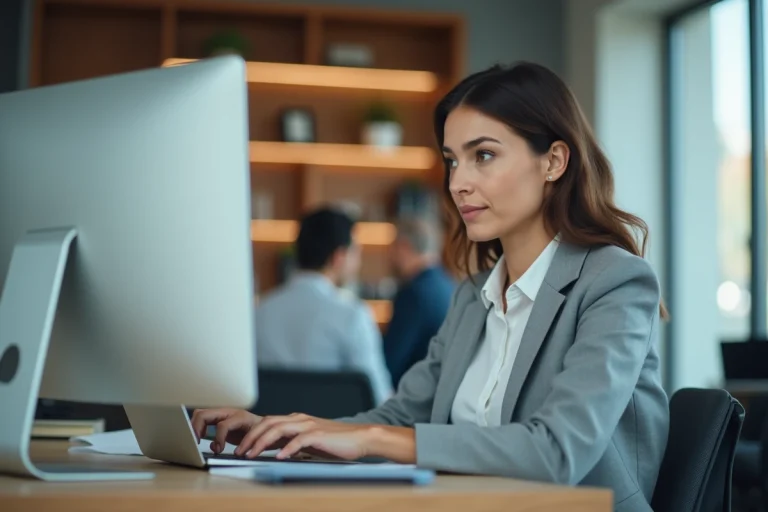 Femme connectée à son espace personnel Mon Proxima sur un ordinateur portable dans un bureau moderne