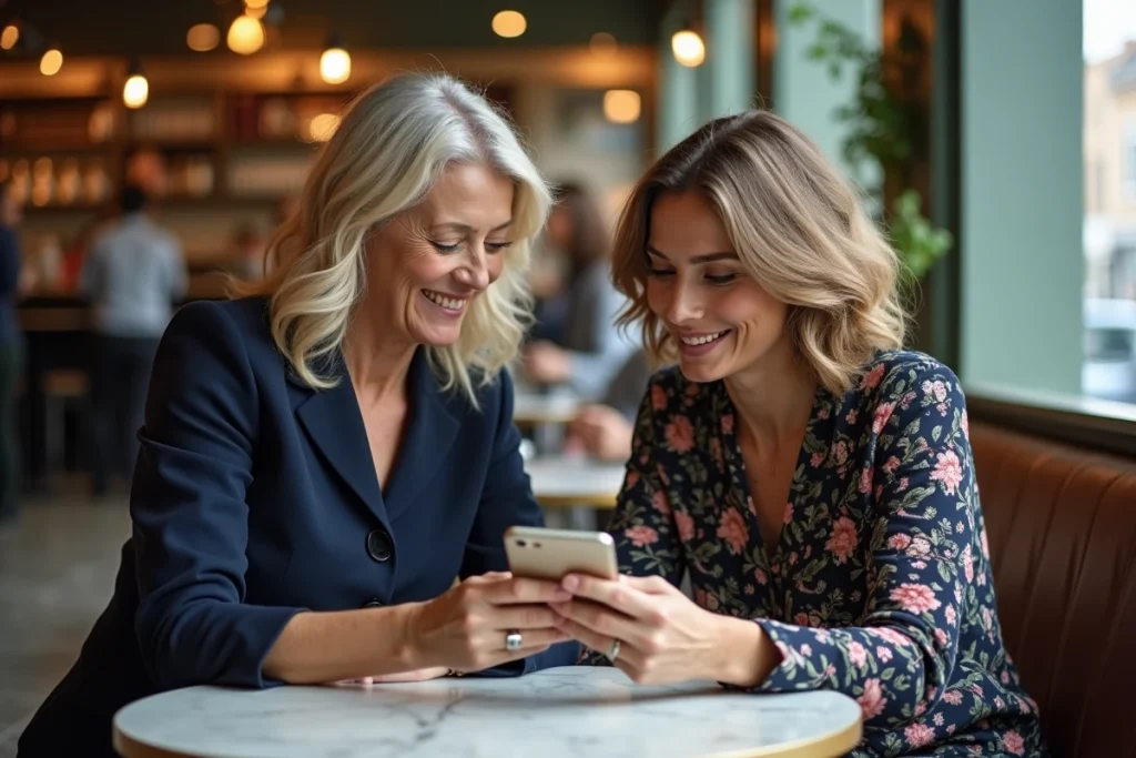 Deux femmes discutant du partage de photos sur smartphone dans un café, symbolisant la question du consentement et de la confidentialité des images personnelles
