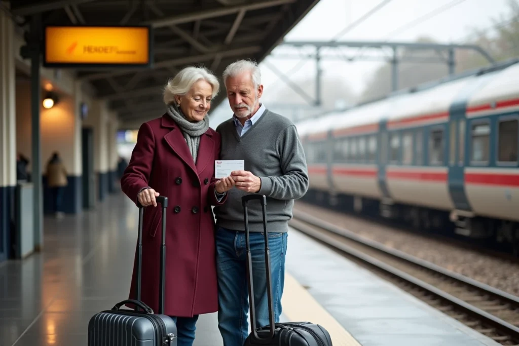 Un couple de retraités examinant leur pass Carmillon SNCF sur un quai de gare régionale française