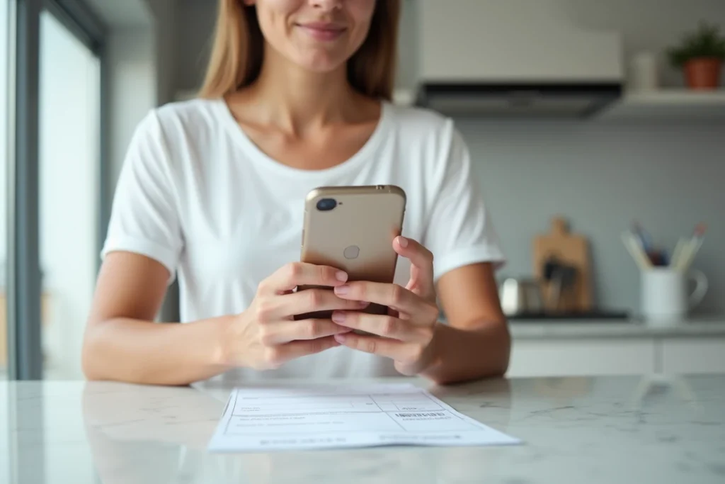 Femme utilisant l'application mobile Crédit Agricole pour encaisser un chèque