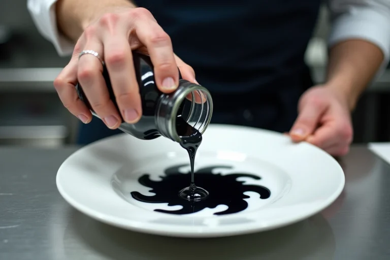 Chef ajoutant de l'encre de seiche sur une assiette blanche dans une cuisine professionnelle