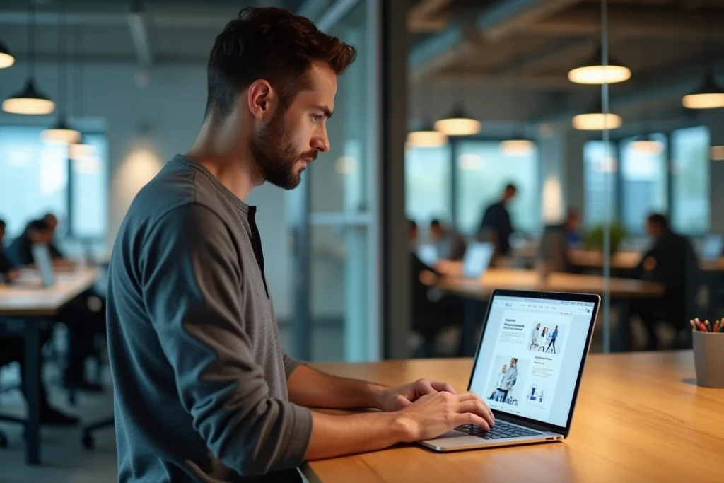 Entrepreneur travaillant sur la conception d'un site web performant dans un espace de coworking contemporain