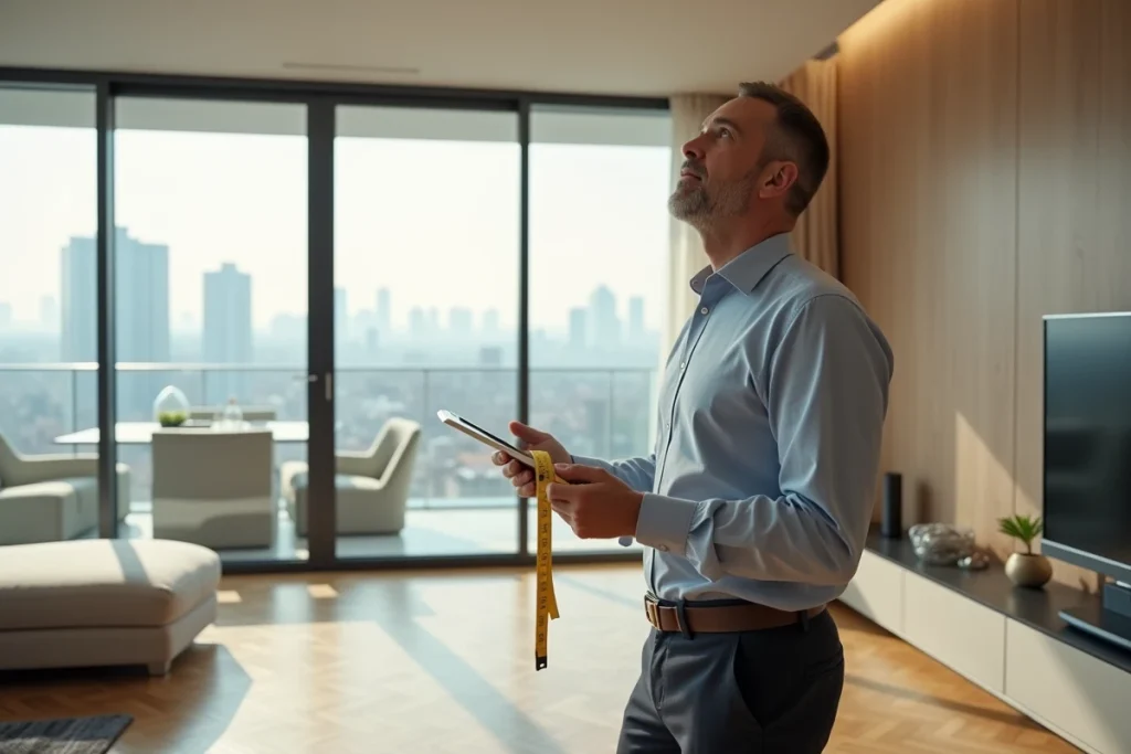 Expert immobilier mesurant un appartement moderne pour réaliser une estimation précise avant vente