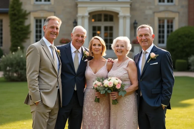 Famille réunie lors d'un mariage élégant devant un château, parents et proches en tenue de cérémonie partageant un moment de joie