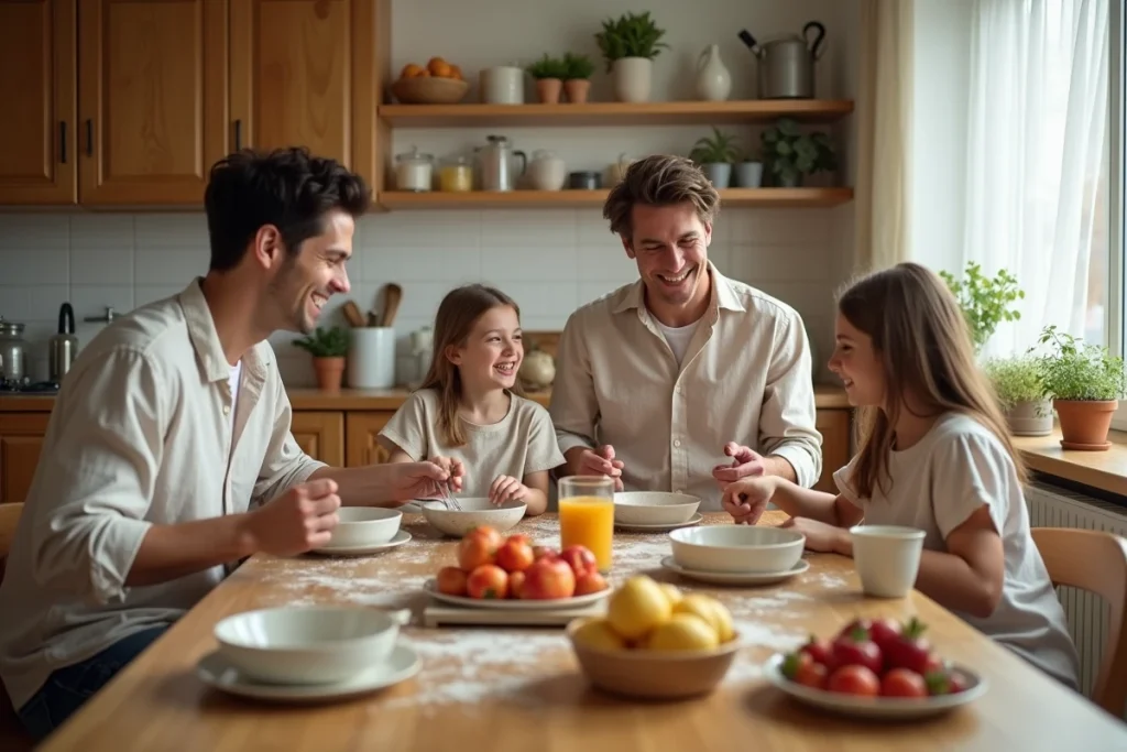 Famille réunie autour de la table en bois pour un petit-déjeuner maison le dimanche matin, parents et adolescents préparant ensemble des repas avec des fruits frais dans une cuisine chaleureuse