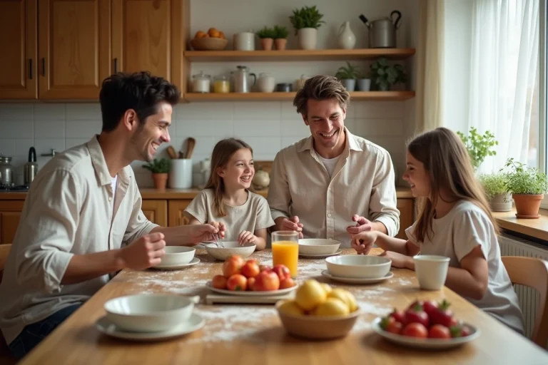 Famille réunie autour de la table en bois pour un petit-déjeuner maison le dimanche matin, parents et adolescents préparant ensemble des repas avec des fruits frais dans une cuisine chaleureuse