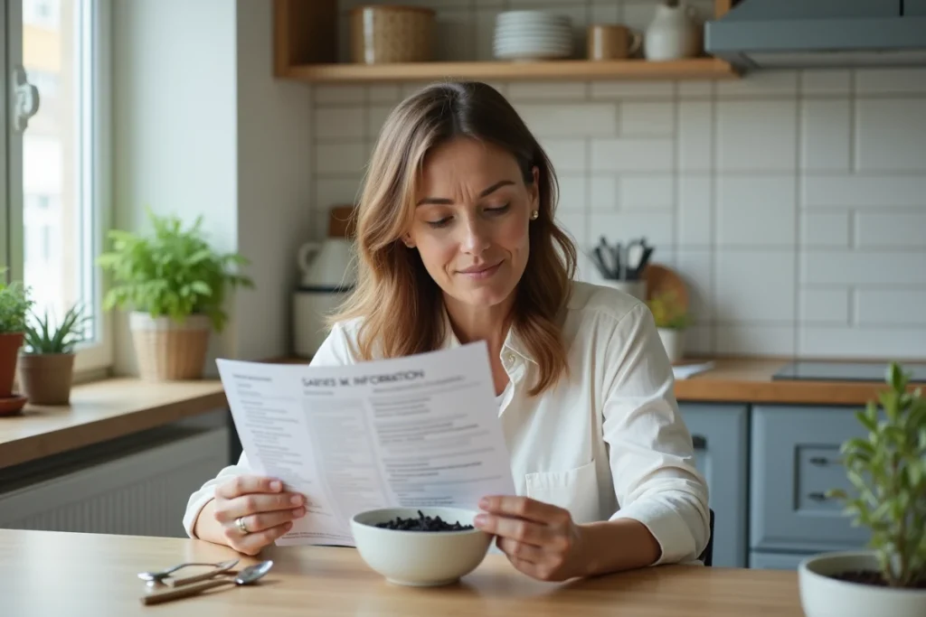 Femme lisant une notice médicale avant de consommer des pâtes à l'encre de seiche