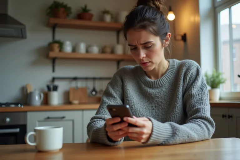 Femme perplexe regardant son téléphone sur Messenger en se demandant si elle a été mise en sourdine