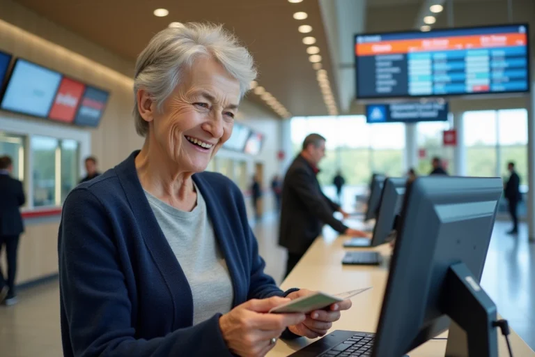 Une femme retraitée souriante tenant son pass Carmillon SNCF au guichet d'une gare française moderne