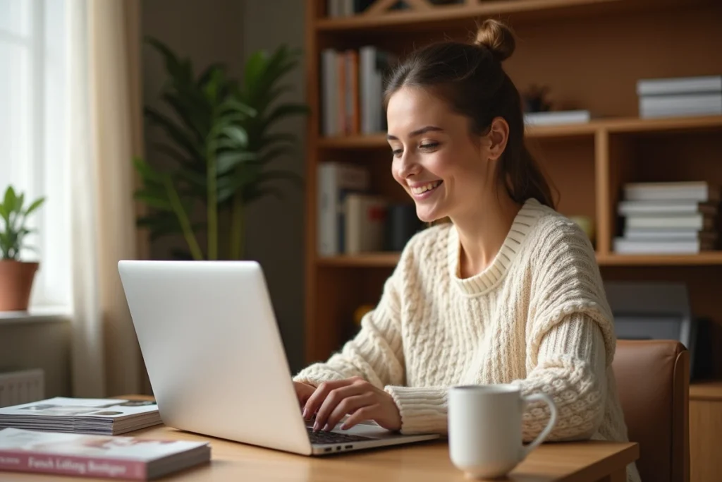 Femme consultant des offres de mode Johanna Paris sur un ordinateur portable dans un bureau moderne et cosy