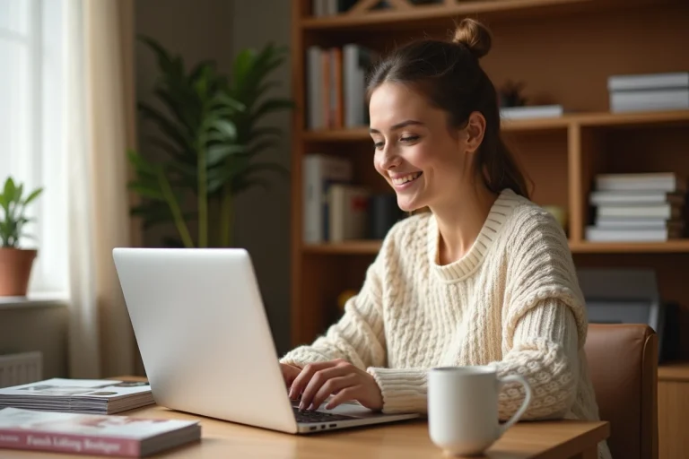 Femme consultant des offres de mode Johanna Paris sur un ordinateur portable dans un bureau moderne et cosy