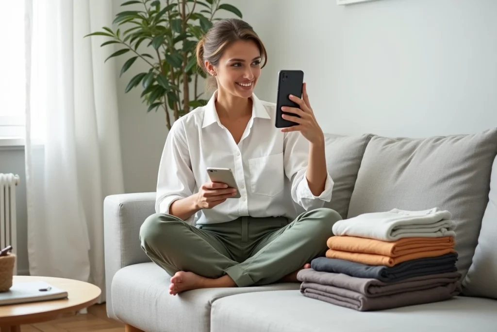 Femme consultant des promotions mode sur smartphone entourée de vêtements Johanna Paris sur un canapé
