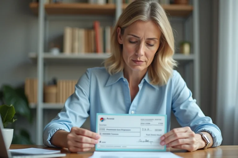 Femme vérifiant un chèque Crédit Agricole à son bureau à domicile