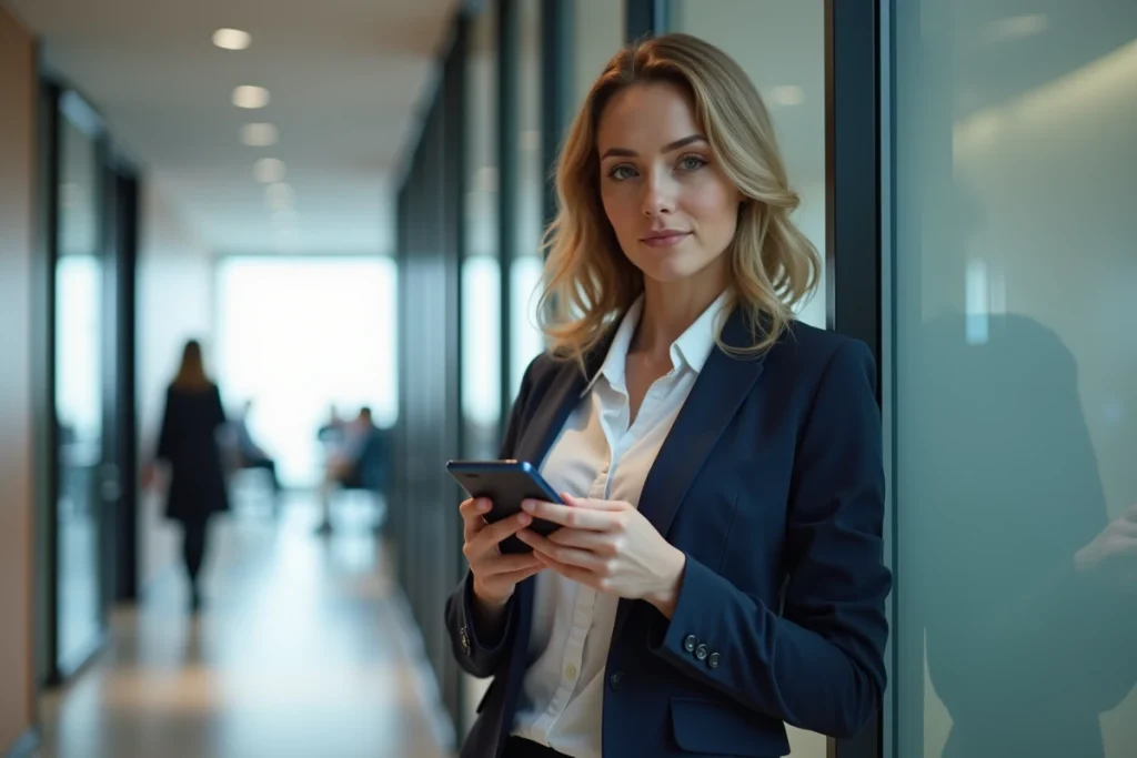 Femme professionnelle gérant la confidentialité de ses photos sur smartphone dans un couloir de bureau