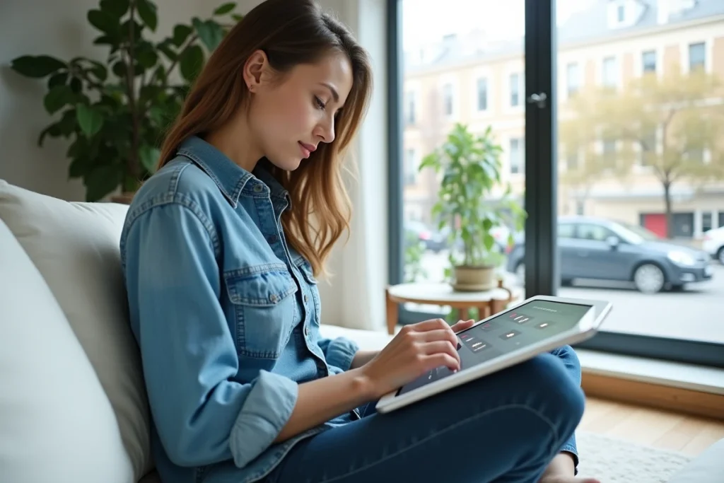 Jeune femme gérant les droits et permissions de son compte Mon Proxima sur une tablette dans un salon moderne