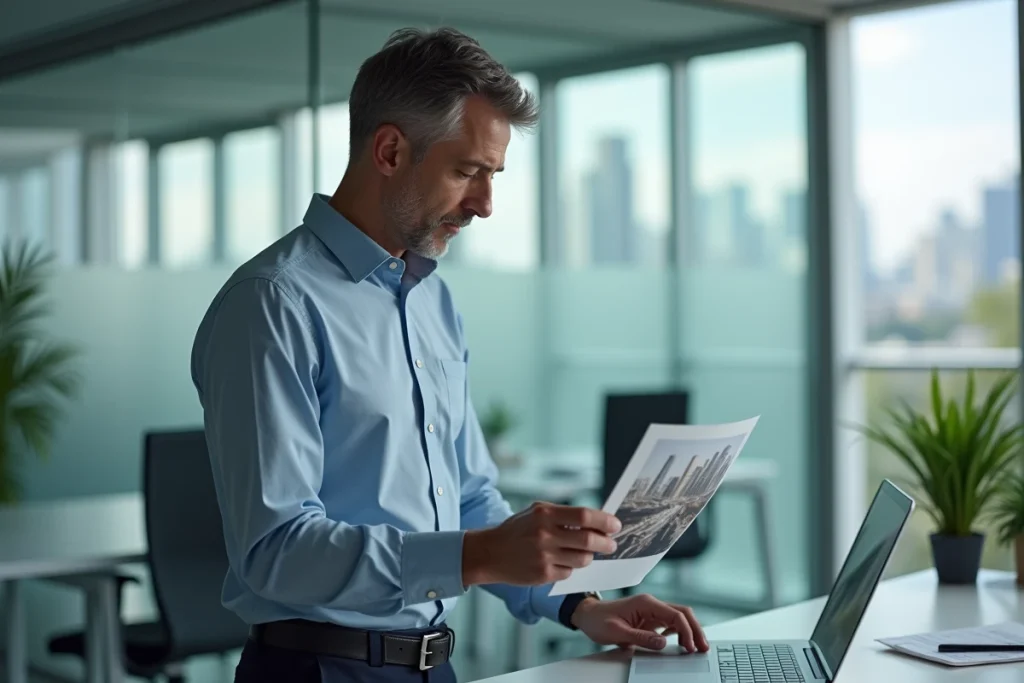Homme dans un bureau moderne manipulant une photographie avec discrétion, illustrant les bonnes pratiques de gestion et de partage responsable des images privées