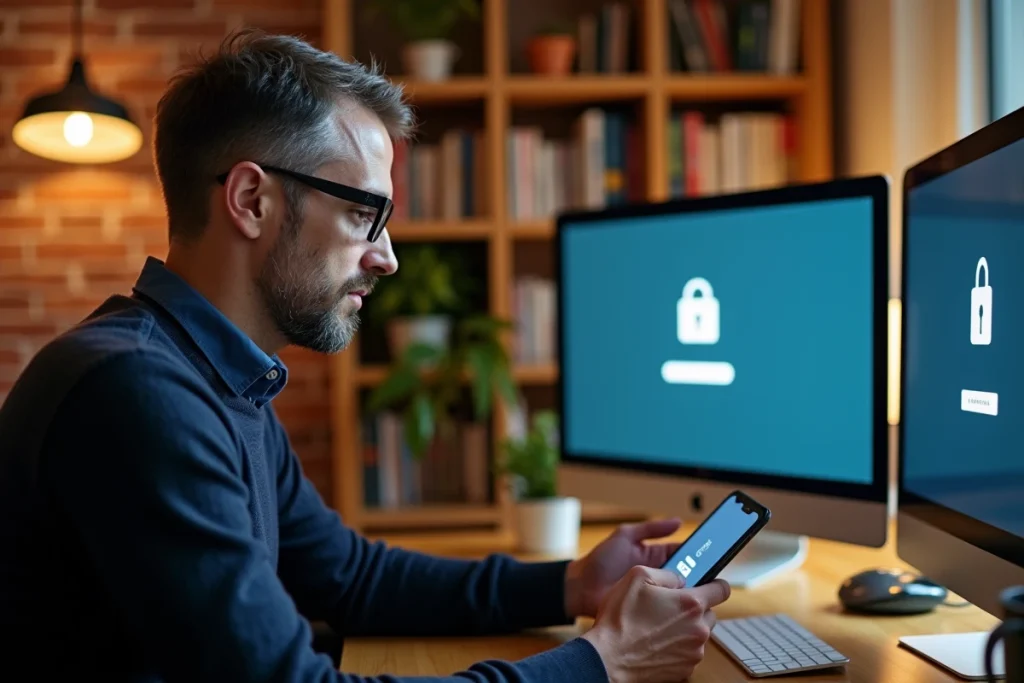 Homme gérant la sécurité de son compte en ligne avec authentification à deux facteurs sur ordinateur et smartphone