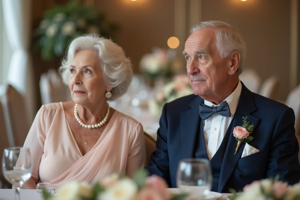 Grands-parents émus assis à la table de mariage décorée, vêtus avec élégance lors de la cérémonie familiale
