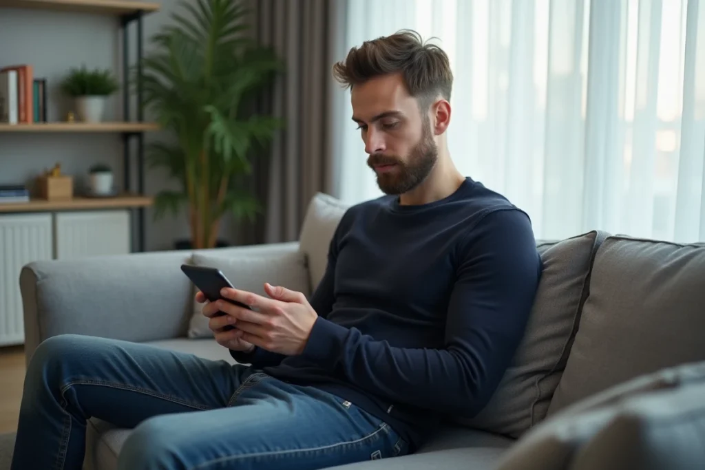 Homme analysant ses conversations Messenger sur son smartphone pour détecter s'il a été mis en sourdine