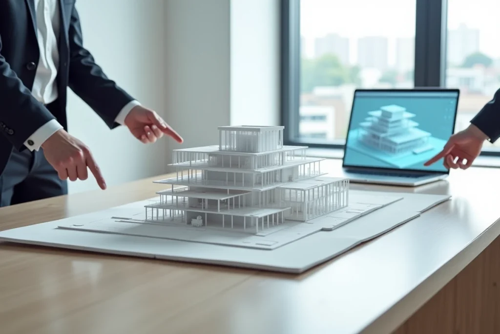Maquette architecturale d'un immeuble moderne posée à côté d'un ordinateur affichant son équivalent en modélisation 3D numérique
