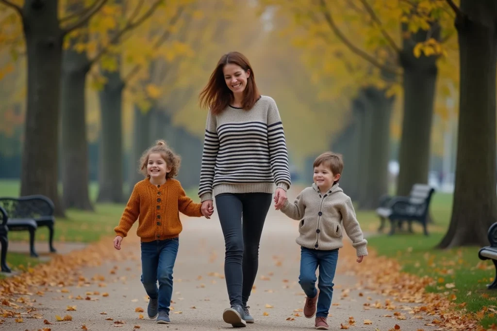 Mère et enfants se promenant dans un parc en automne dans leur vie quotidienne loin des caméras
