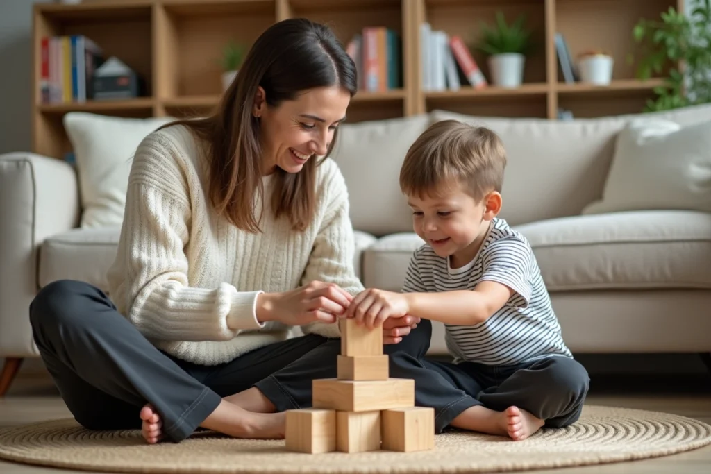 Mère et fils construisant ensemble une tour en blocs de bois dans le salon familial, moment de complicité et de jeu partagé sur un tapis en laine naturelle