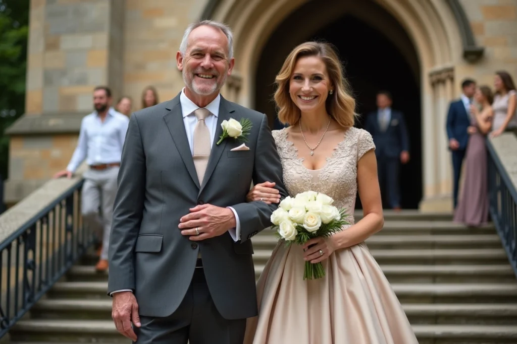 Parents de la mariée posant avec fierté sur les marches d'une église après la cérémonie de mariage
