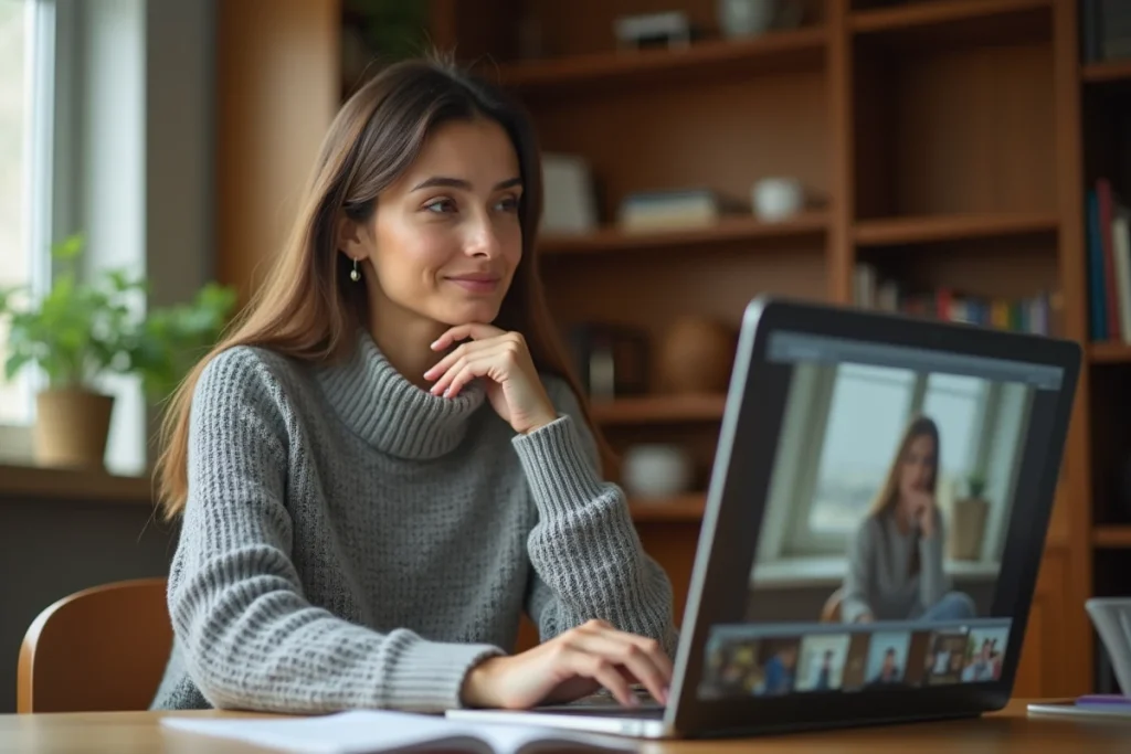 Femme réfléchissant au partage de photos numériques sur un ordinateur portable, dans un bureau à domicile, illustrant la protection de la vie privée en ligne