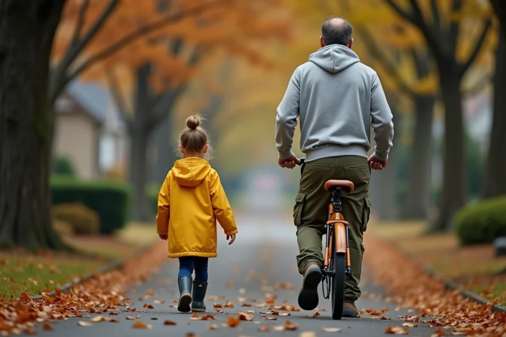 Père accompagnant sa fille à vélo sur un chemin bordé d'arbres en automne, promenade en famille dans un quartier résidentiel avec des feuilles colorées au sol