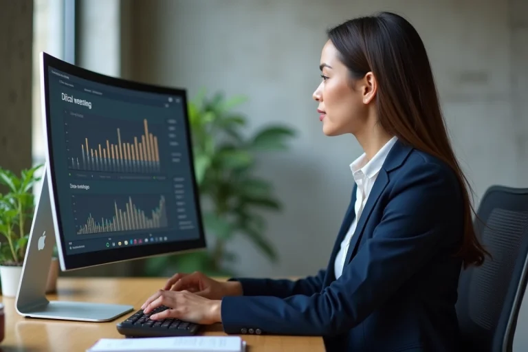 Professionnelle analysant les statistiques de présence en ligne de son entreprise sur un écran d'ordinateur dans un bureau moderne
