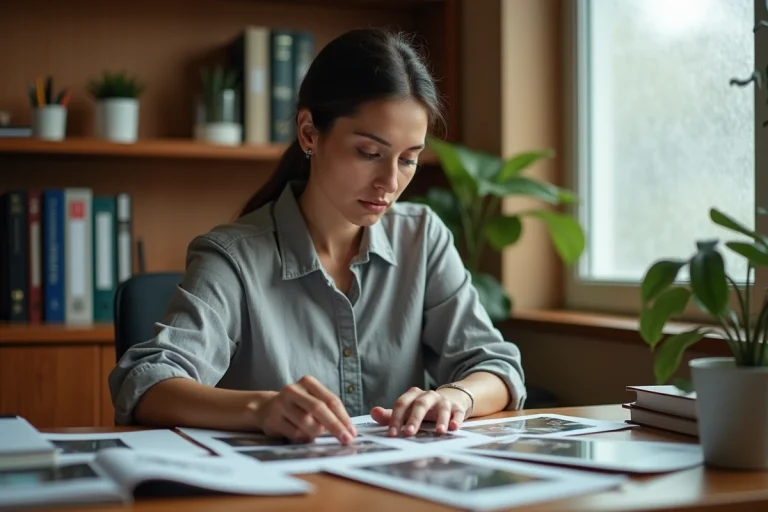 Femme protégeant la vie privée de ses photos personnelles dans un bureau à domicile