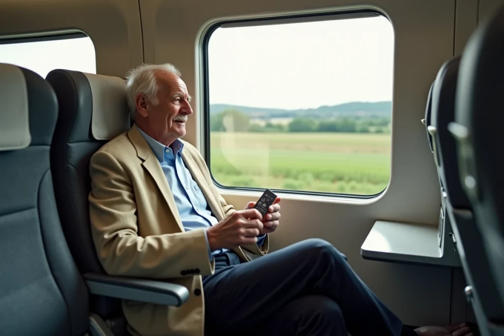 Un retraité voyageant en TGV avec son pass Carmillon SNCF, regardant le paysage français par la fenêtre