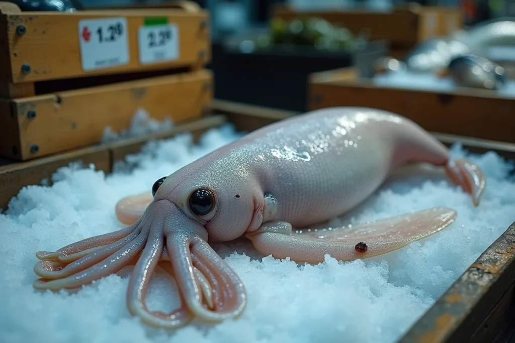 Encornet frais sur lit de glace avec sac d'encre visible chez le poissonnier