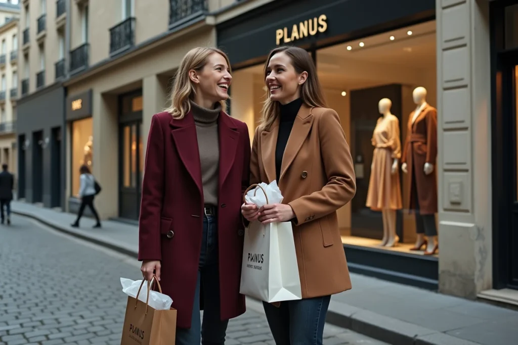 Deux femmes souriantes avec des sacs shopping devant une boutique de mode parisienne tendance