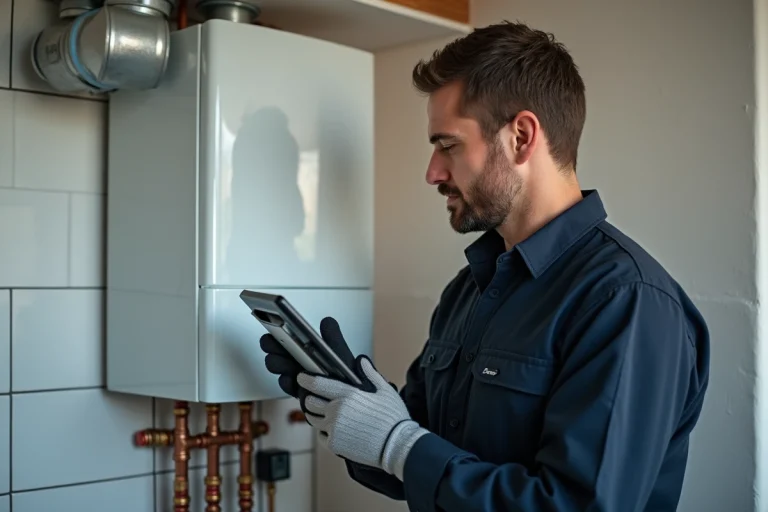 Technicien certifié en train d'inspecter une chaudière à gaz lors d'un entretien PEB à Bruxelles