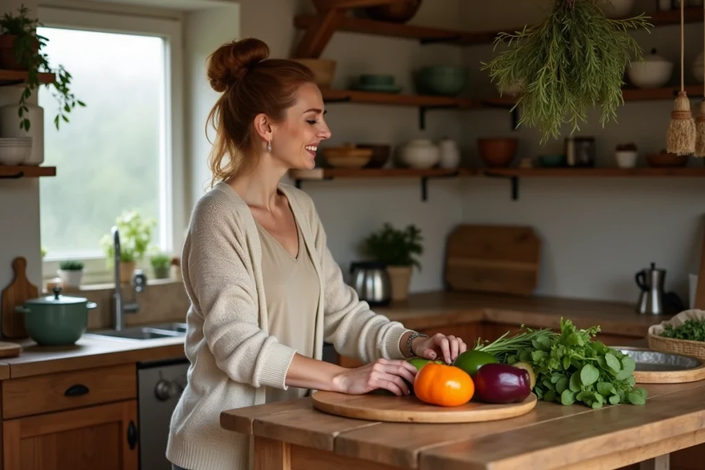 Femme préparant un repas dans une cuisine familiale authentique reflétant une vie privée sereine