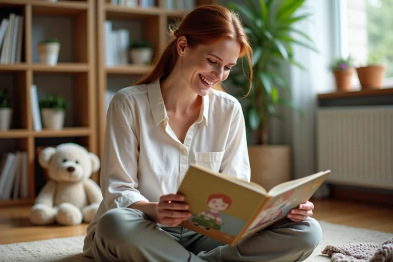 Femme épanouie dans son intérieur chaleureux feuilletant un livre avec ses enfants loin des projecteurs