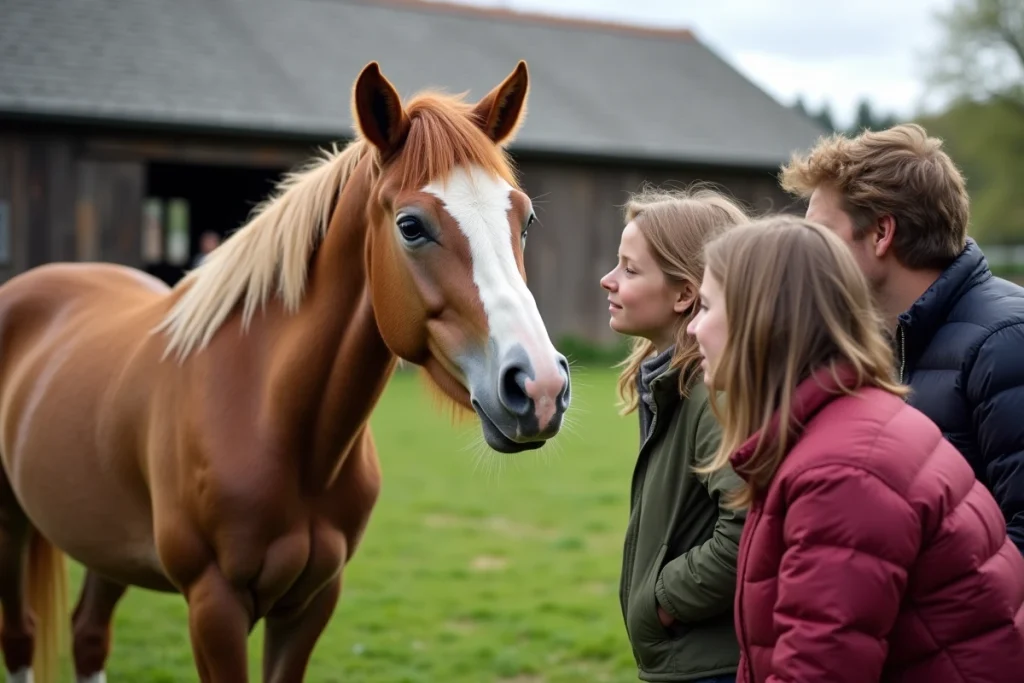 Visiteurs fascinés observant un cheval au physique inhabituel lors d'une journée portes ouvertes à la ferme