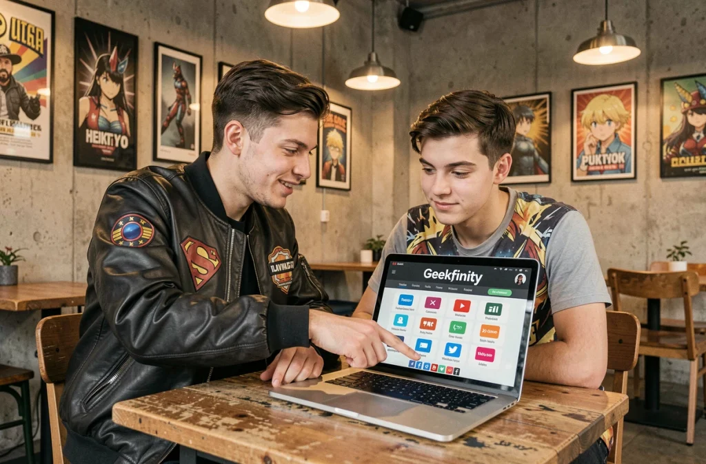 Deux amis geeks consultant une plateforme de gestion de profils multi-réseaux sociaux sur ordinateur portable dans un café urbain tendance