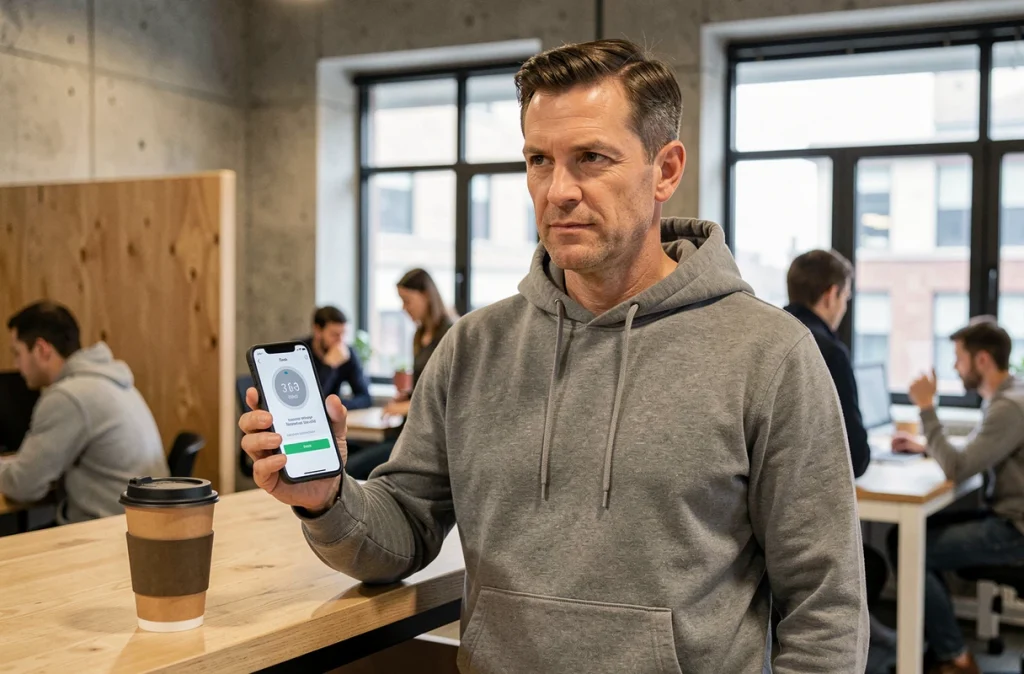 Homme utilisant une application d'authentification à deux facteurs sur smartphone dans un espace de coworking moderne