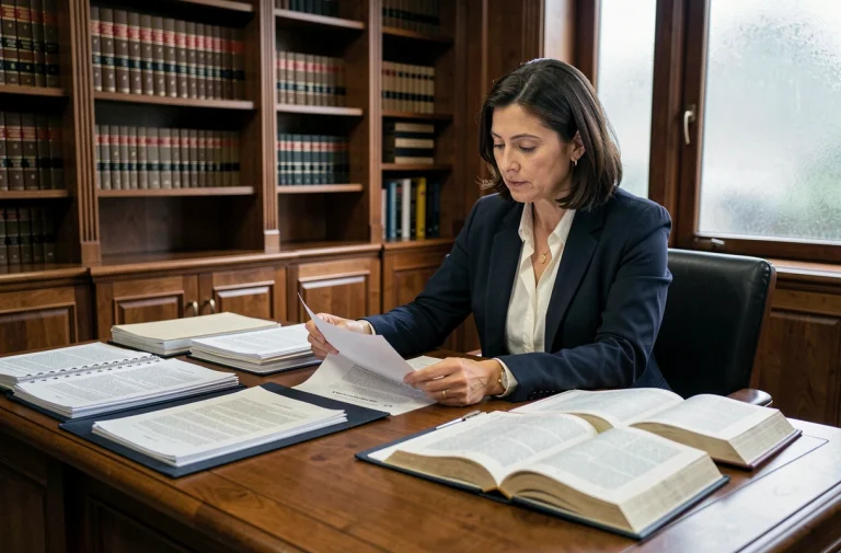 Avocate professionnelle examinant des documents juridiques dans un cabinet d'avocat pour un dossier de manquement parental