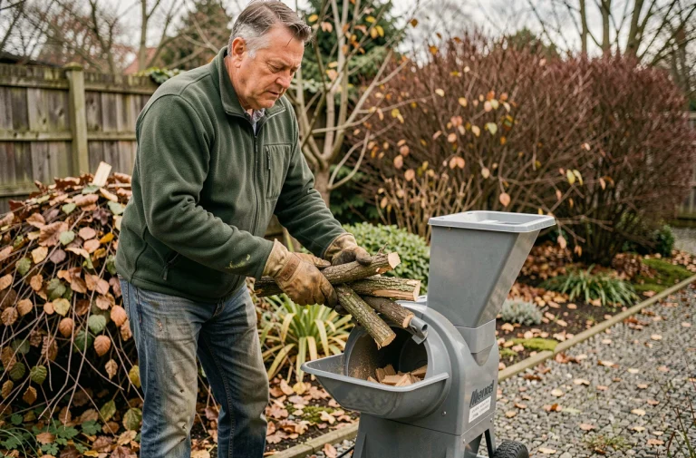 Homme utilisant un broyeur de végétaux électrique pour déchiqueter des branches dans un jardin en automne