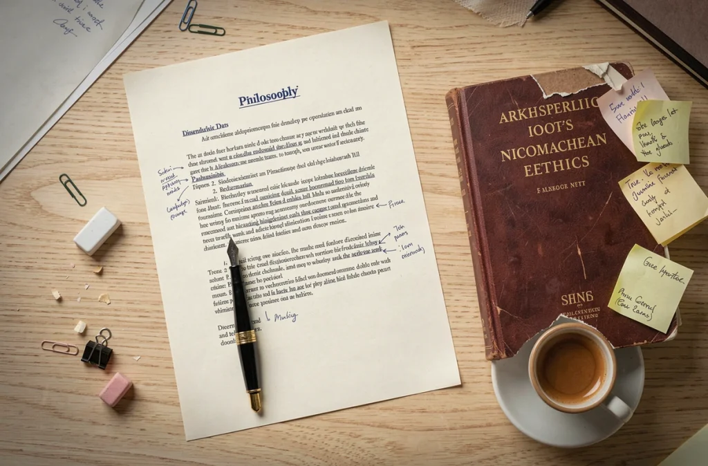 Vue aérienne d'un bureau d'étudiant en philosophie avec brouillon de dissertation annoté, stylo plume, livre d'Aristote et café