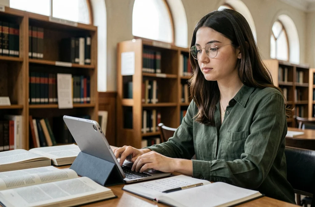 Une jeune chercheuse rédigeant un message de contact pour une revue scientifique en ligne dans une bibliothèque universitaire